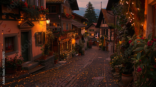 Cobblestone street brightly lit with twinkling fairy lights at night
