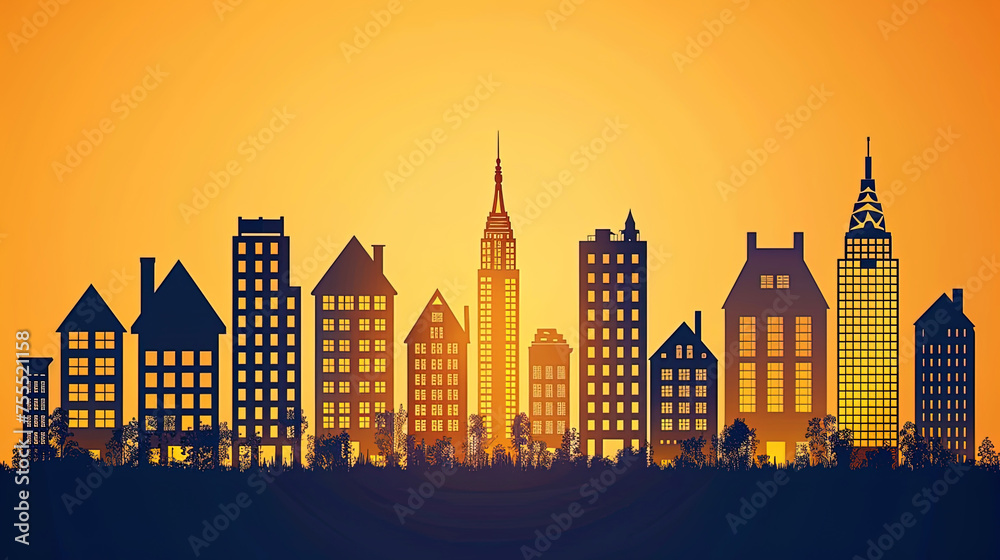 Silhouette of city buildings against a sunset sky