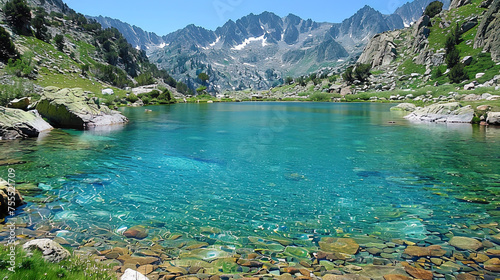 A lake with clear blue water, encircled by towering mountains under a clear sky