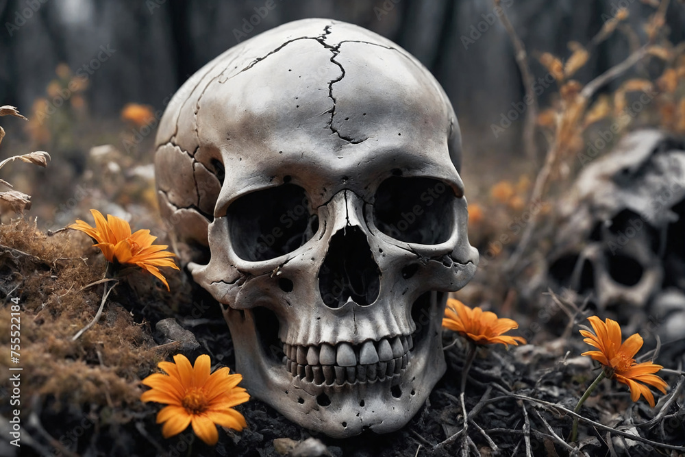 Vivd flowers growing near a skull in a dark forest