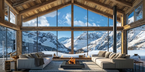 Cozy mountain cabin interior with large windows overlooking snowy peaks.