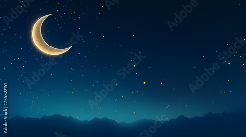 Starry night with glowing islamic crescent moon, Ramadan