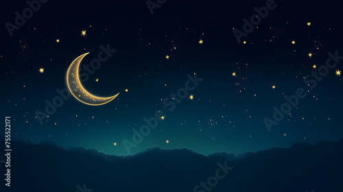 Starry night with glowing islamic crescent moon, Ramadan