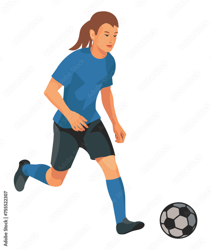 Teenager girl in blue t-shirt playing women's football running with the ball on the field during a training session or a junior competition