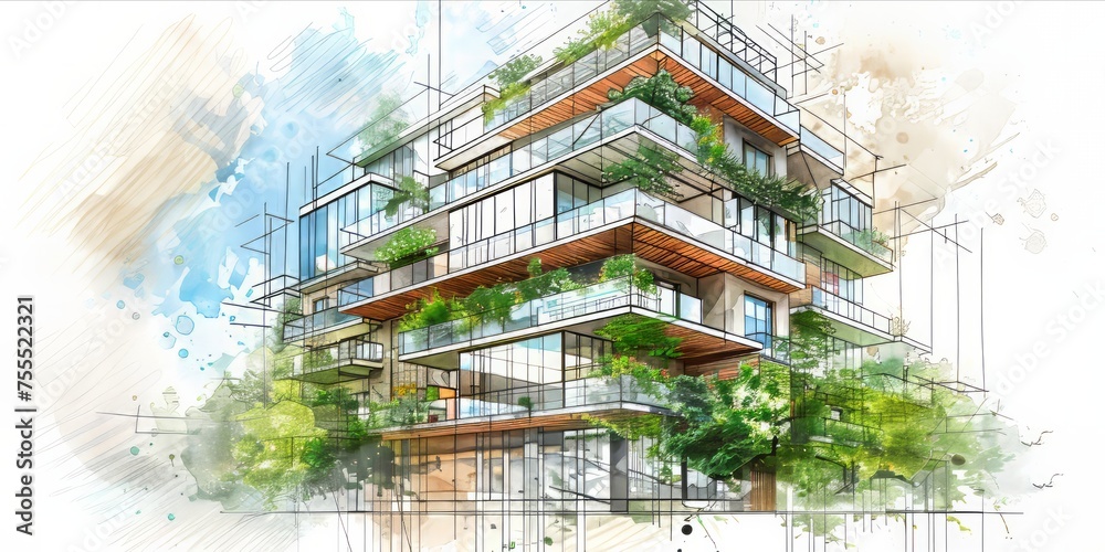 Architectural concept sketch of a modern building with multiple balconies and greenery.