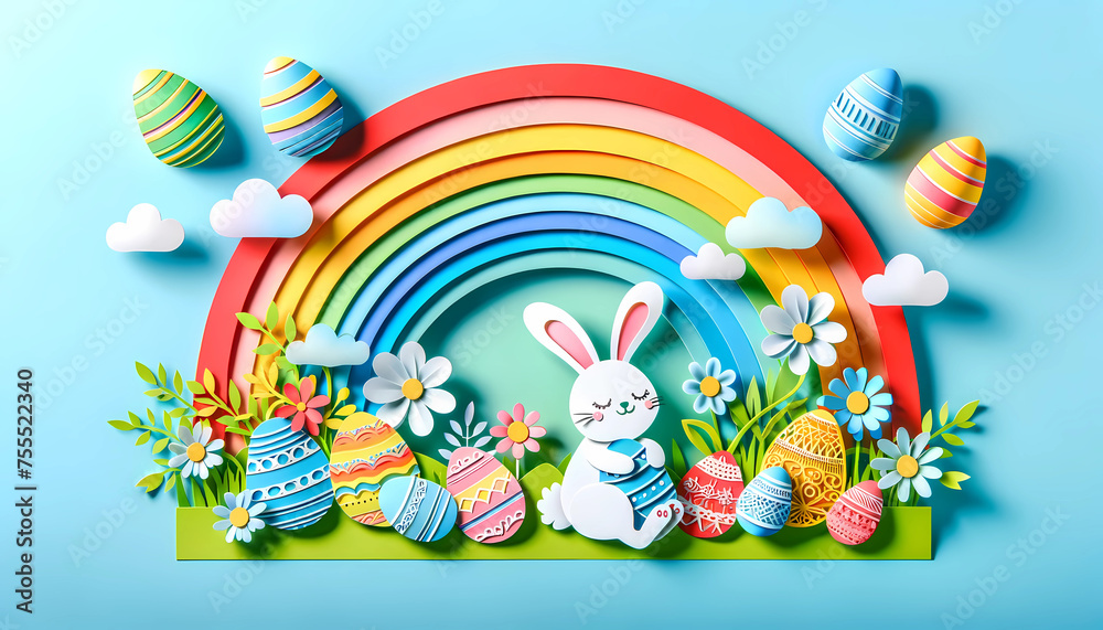 Obraz premium Easter bunnies joyful with the rainbow and easter eggs background in paper cut art style