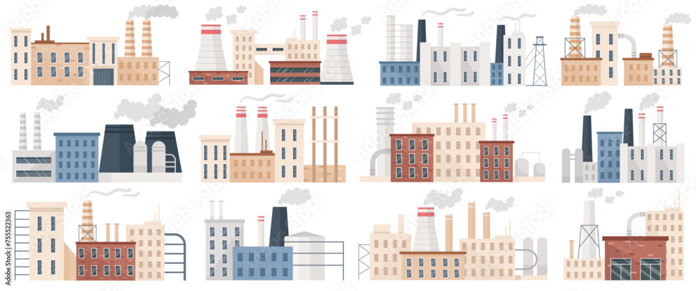 Factories, power stations, plants industrial buildings and construction with pipes isolated set