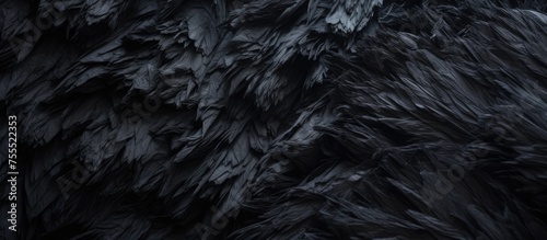 Detailed view of a shaggy black fur carpet, showcasing the individual strands and texture up close. The dark hue creates a striking and luxurious appearance. photo