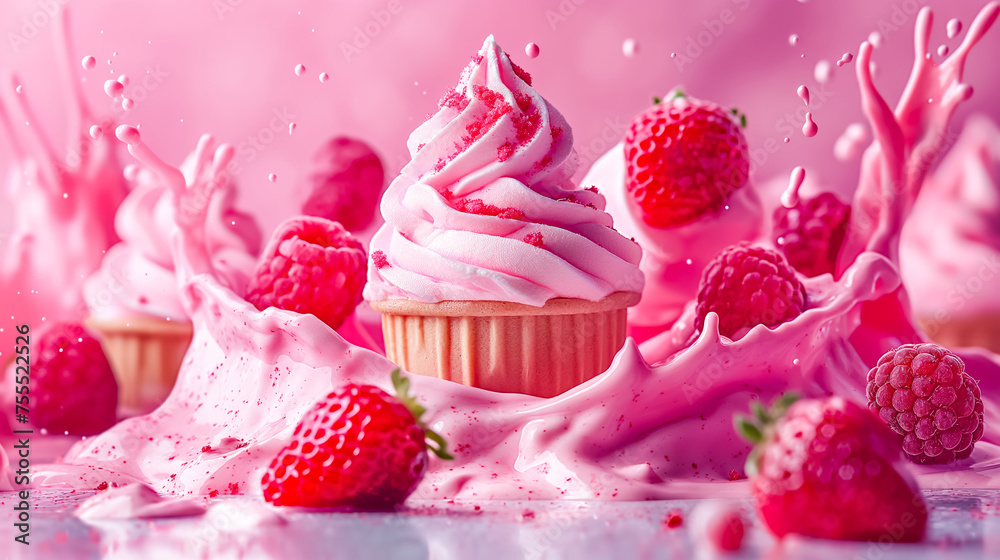 Berry Ice cream with swirling cream,pink milk splash, surrounded by fresh berries.Ideal for vibrant dessert advertising or culinary art projects Berry Ice cream with swirling cream,pink milk splash, surrounded by fresh berries.Ideal for vibrant dessert advertising or culinary art projects