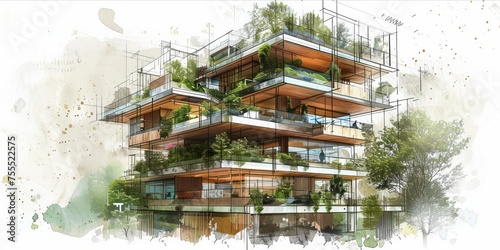 Architectural concept sketch of a modern building with multiple balconies and greenery.