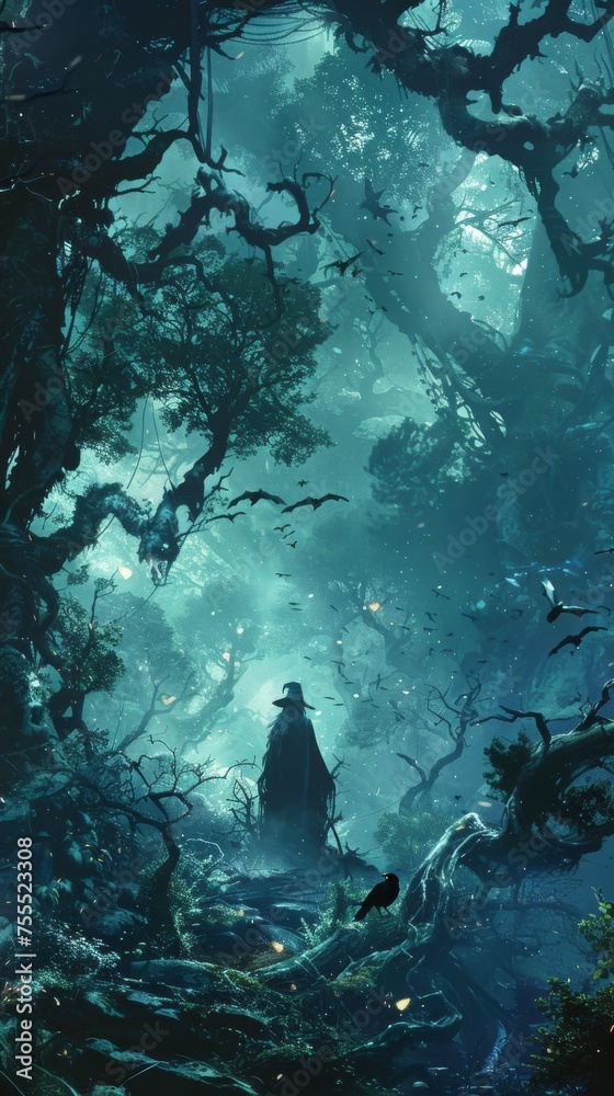 Obraz premium A haunted forest a witch with a raven familiar ghostly apparitions and twisted trees