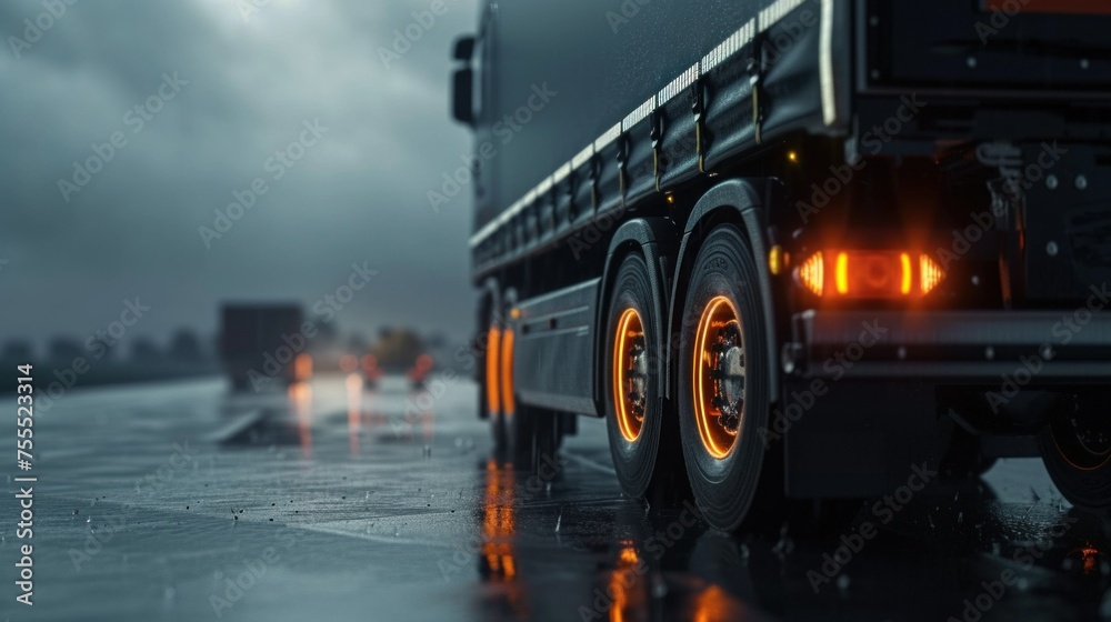 Truck chassis and orange wheels on a wet road in rainy weather, close-up. Safety concept and tire grip on wet road Truck chassis and orange wheels on a wet road in rainy weather, close-up. Safety concept and tire grip on wet road
