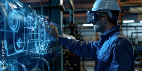 Engineer using augmented reality interface for machine maintenance in a factory.