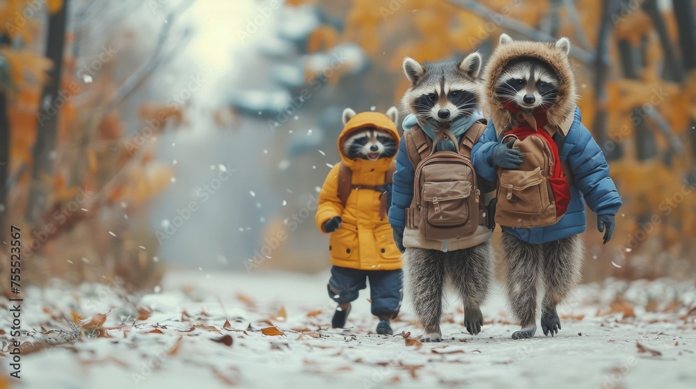 Three raccoons walking in the snow with backpacks on, AI - obrazy, fototapety, plakaty 