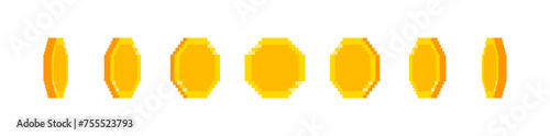 Pixel gold rotating coin icon set. Design for games or cartoon animation. Vector EPS 10