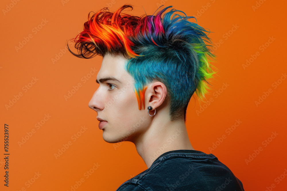A young man's profile with a vibrant rainbow hair against an orange background