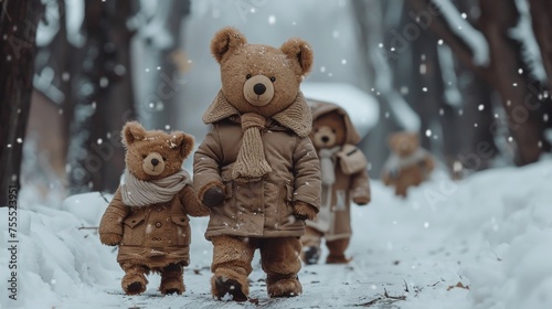 A group of three teddy bears walking down a snowy path, AI