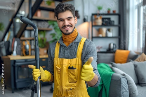 Cheerful young man in yellow apron holding a vacuum cleaner giving a thumbs up in a cozy living room © Pinklife
