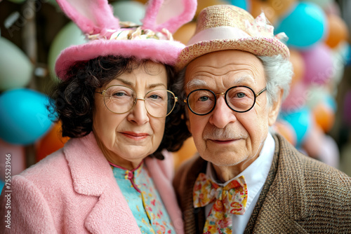 Happy old couple in bunny ears on festive background. Easter concept