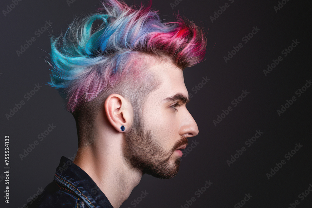 A person is shown from the back with a creative and colorful hairstyle that stands out against a neutral backdrop A person is shown from the back with a creative and colorful hairstyle that stands out against a neutral backdrop