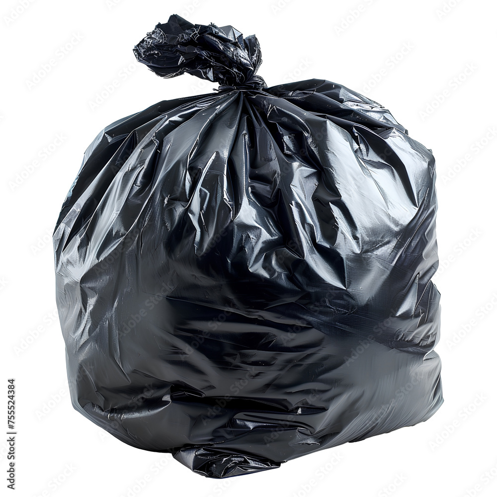 Black plastic trash bag PNG. Black trash bag isolated. Trash bag for waste and garbage PNG. Garbage Bag