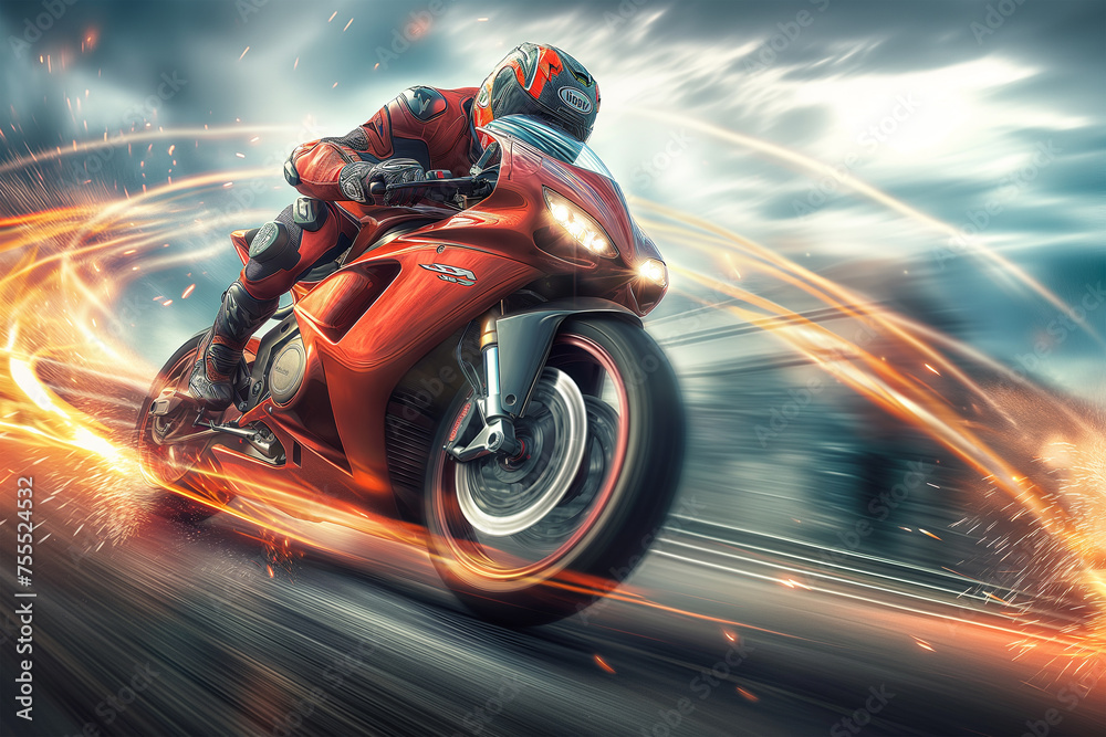 Motorcycle rider riding fast on the race with speed motion blur background. Extreme sport, Motorsport, Superbike