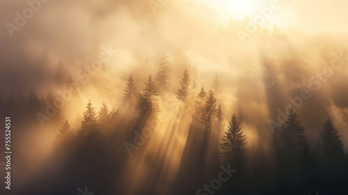Sunlight streaming through foggy mist, creating an ethereal atmosphere during sunrise in the forest.