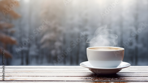Steam rising from a cup of hot beverage on a snowy day background