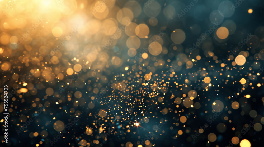 An abstract background featuring soothing blue tones is embellished with shimmering gold particles, delicately accented by highlights and soft blurs, creating a captivating visual effect.