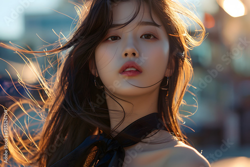 Magazine cover-worthy shot of a 20s Korean woman with long hair, styled in a contemporary fashion look, against a backdrop of urban architecture, highlighting her dynamic personality