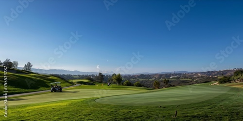 Golf course with a golf cart and players in the distance under a clear blue sky.
