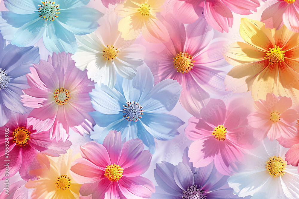 Vibrant floral design with a dense pattern of colorful cosmos flowers