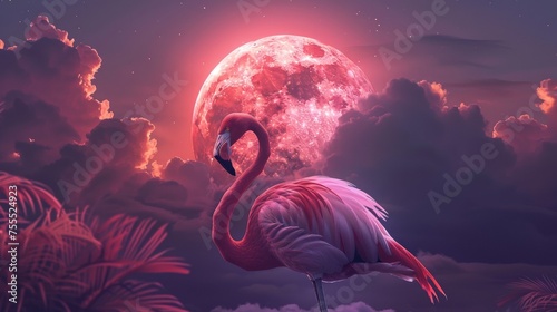 A flamingo standing in front of a pink moon and clouds, AI