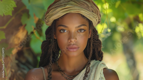 A striking portrayal of the biblical young, dark-skinned woman, Solomon's girlfriend, set against a lush backdrop. photo