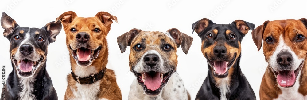 Cheerful Canine Quintet: Diverse Breeds Smiling for a Studio Portrait - Generative AI Cheerful Canine Quintet: Diverse Breeds Smiling for a Studio Portrait - Generative AI
