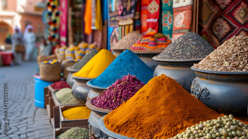 Vibrant Moroccan market stalls with spices and textiles background