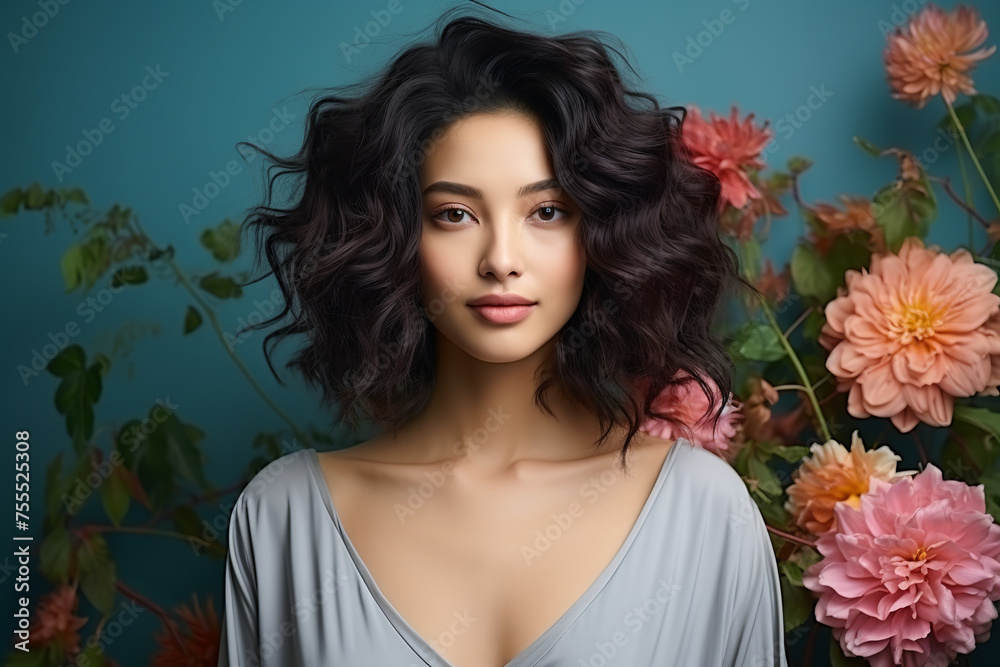 portrait of happy young Asian woman with flower bouquet, black hair, on blue portrait of happy young Asian woman with flower bouquet, black hair, on blue