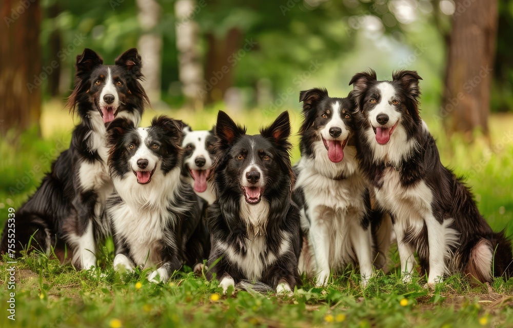 Evening Elegance: A Serene Assembly of Border Collies in Nature's Glow - Generative AI