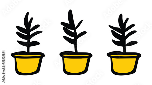 Houseplants. Vector set silhouettes home plants, succulents in pot. Indoor exotic flowers with stems and leaves. Monstera, ficus, pothos, yucca, dracaena, cacti, snake plant for home and interio