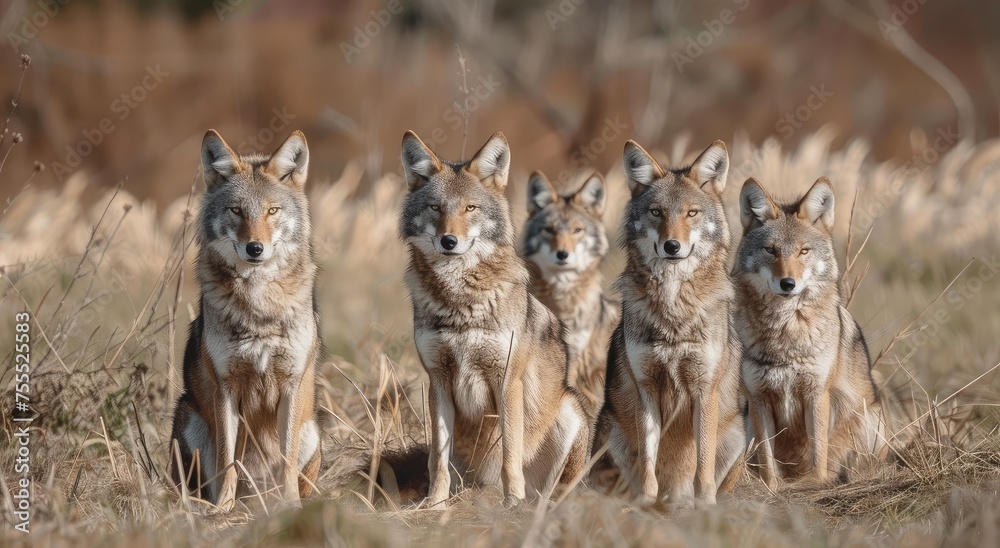 Fototapeta premium Forest Guardians: Majestic Coyote Pack Gathered in Autumn's Golden Twilight - Generative AI