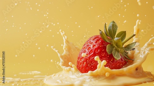 A strawberry is being splashed with milk and cream, AI