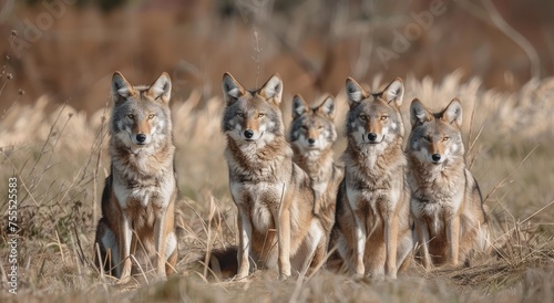 Forest Guardians: Majestic Coyote Pack Gathered in Autumn's Golden Twilight - Generative AI © Gelpi
