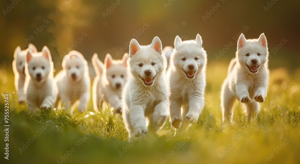 Exuberant White Husky Pups' Delight: Playful Dash Through Golden Meadow - Generative AI Exuberant White Husky Pups' Delight: Playful Dash Through Golden Meadow - Generative AI