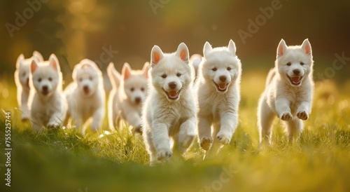 Exuberant White Husky Pups' Delight: Playful Dash Through Golden Meadow - Generative AI