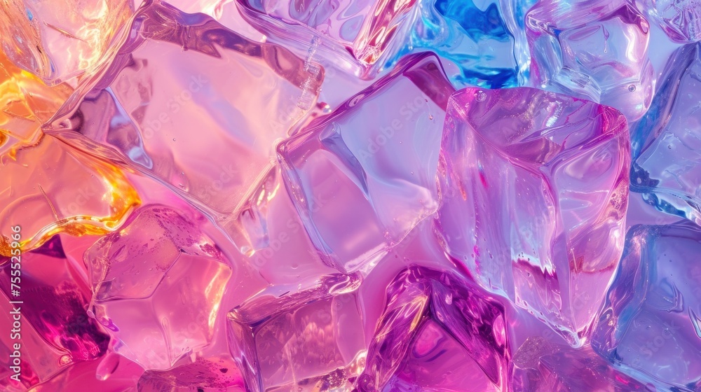 Ice cubes are very close up in neon light. Holographic gradient from magenta to cyan Ice cubes are very close up in neon light. Holographic gradient from magenta to cyan