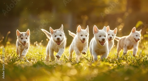 Joyful Jaunt: White Siberian Husky Puppies Frolicking in the Sunshine - Generative AI