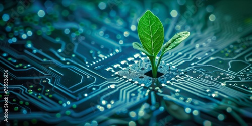 Young plant growing on a circuit board, symbolizing green technology.