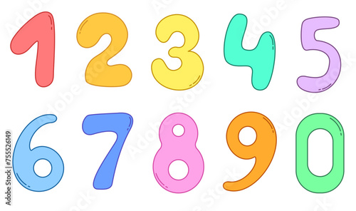Colored vector set with icons of various numbers in cartoon style. 10 numbers in rainbow colors