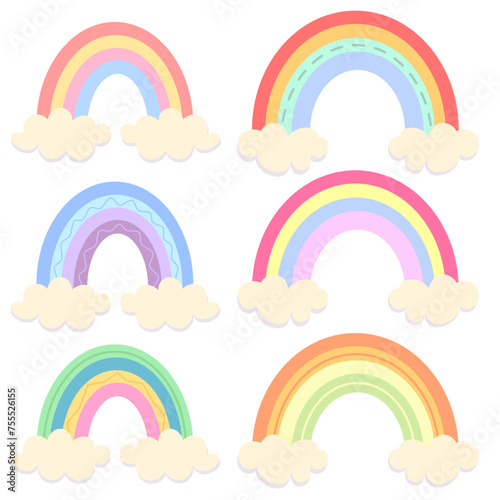 Color set with vector illustrations of different rainbows in flat style and pastel colors. Rainbow with clouds and various patterns
