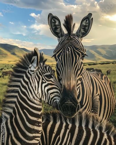 Mother Zebra s Affectionate Gaze upon Her Foal in the Wild - Generative AI